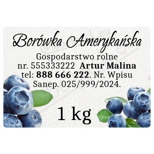 Etykiety naklejki - BORÓWKA AMERYKAŃSKA - 500g/1kg 100szt PERSONALIZACJA