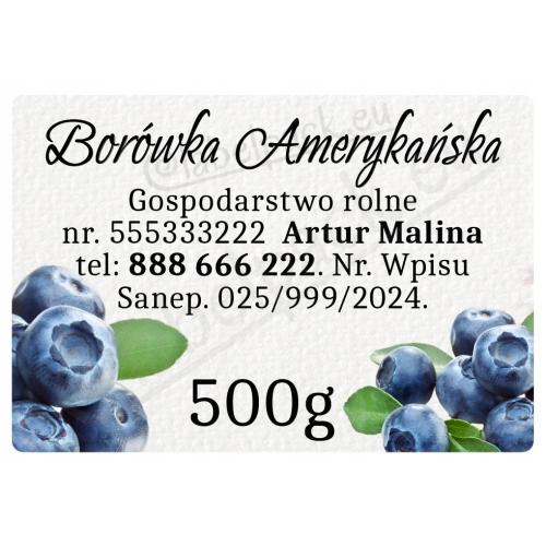 Etykiety naklejki - BORÓWKA AMERYKAŃSKA - 500g/1kg 100szt PERSONALIZACJA